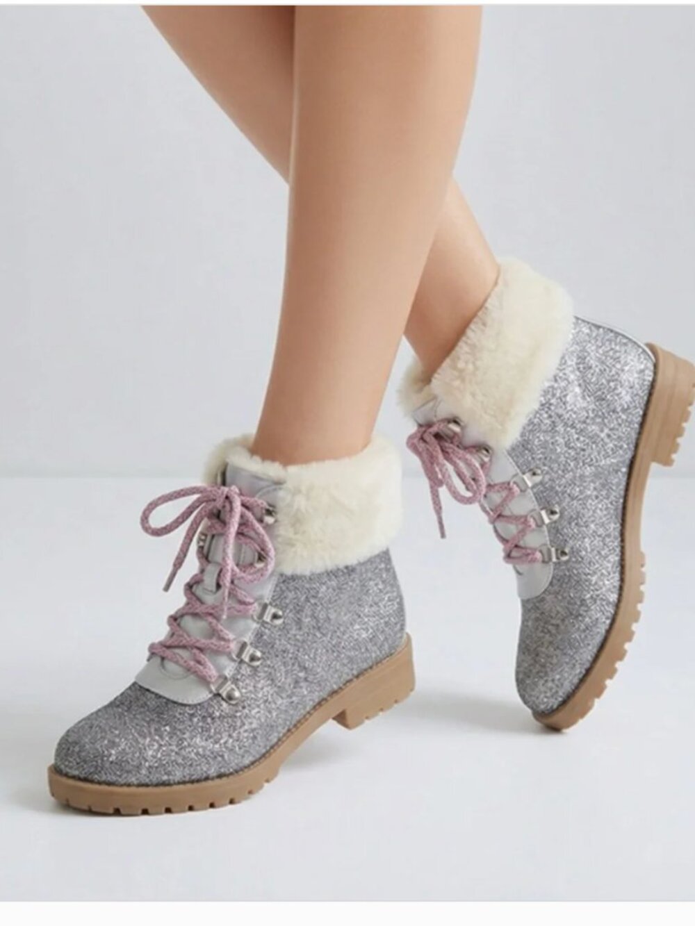 Juicy Couture Hawthorne Hiker Glitter Silver Lace Up Boots 5 (Big Girl) NWOT